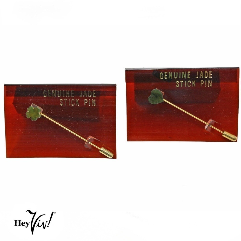 Vintage 2 Genuine Jade Stick Pins Taiwan ROC Label Clover & Heart Shape -Hey Viv